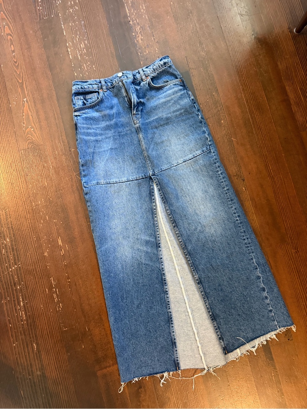 Reformation Classic Blue Denim Maxi Skirt with Front Slit